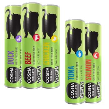 116 g, 5 fajta Cosma Snackies macskasnack (csirke, tonhal, marha, kacsa, lazac) próbacsomagban kép