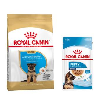 12kg Royal Canin German Shepherd Puppy száraz kutyatáp+10x140g Maxi nedvestáp ingyen kép