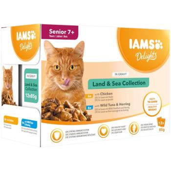 12x85g IAMS Delights Senior szárazföld & tenger mix szószban nedves macskatáp kép