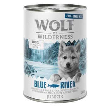 24x400g Wolf of Wilderness Free-Range Meat Junior Blue River szabad tartású csirke & lazac nedves kutyatáp kép