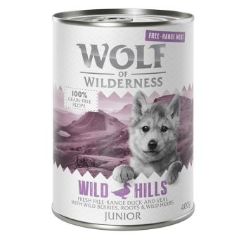 24x400g Wolf of Wilderness Free-Range Meat Junior Wild Hills szabad tartású kacsa & borjú nedves kutyatáp kép