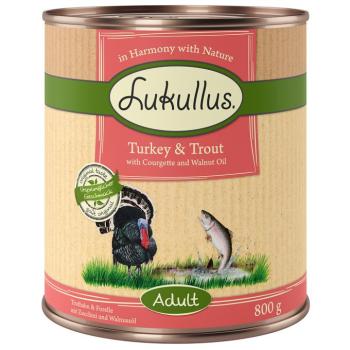 24x800g Lukullus Naturkost Adult pulyka & pisztráng (gabonamentes) nedves kutyatáp kép