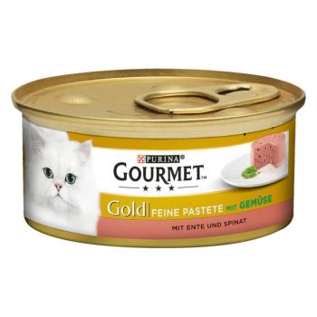 48x85g Gourmet Gold Paté kacsa & spenót nedves macskatáp 36+12 ingyen kép