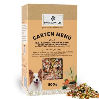 500g PAWS PATCH Garten Menü Nr. 1: rizs, sárgarépa, cukkini, alma, virágpor, petrezselyem étrend-kiegészítő eledel kutyáknak kép