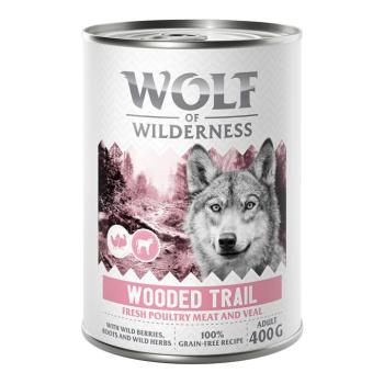 6x400g Wolf of Wilderness Adult "Expedition" - Sok friss szárnyassal nedves kutyatáp - Wooded Trails - Szárnyas borjúval kép