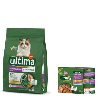7,5kg Ultima Sterilized Hairball pulyka száraztáp + 8x85g Sterilized nedvestáp Mix I (csirke, pulyka, lazac, pisztráng) ingyen kép