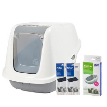 Szett: Savic Nestor macska WC - világosszürke/fehér + 2 db csereszűrő + 12db Bag it Up Maxi alátét kép