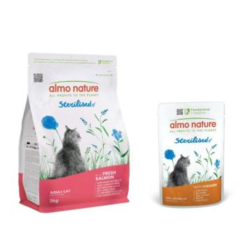 2kg Almo Nature Functional Sterilised Cat lazac & rizs száraz macskatáp + 6x70g Almo Nature Functional Sterilised csirke nedves macskatáp 15% kedvezménnyel kép