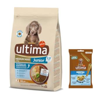 3kg Ultima Medium/Maxi Junior csirke száraz kutyatáp + 180g Ultima Dental Sticks Medium/Maxi kutyasnack ingyen kép