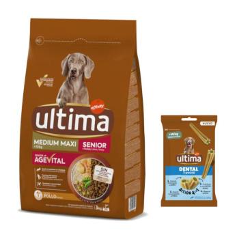 3kg Ultima Medium/Maxi Senior csirke száraz kutyatáp + 180g Ultima Dental Sticks Medium/Maxi kutyasnack ingyen kép