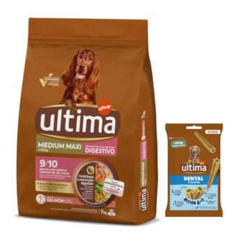 7kg Ultima Medium/Maxi Digestive Well-Being lazac száraz kutyatáp + 180g Ultima Dental Sticks Medium/Maxi kutyasnack ingyen kép