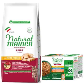 10kg Natural Trainer Adult csirke száraz macskatáp + 12x85 g Adult csíkok szószban nedves macskatáp ingyen kép