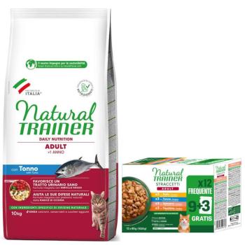 10kg Natural Trainer Adult tonhal száraz macskatáp + 12x85 g Adult csíkok szószban nedves macskatáp ingyen kép