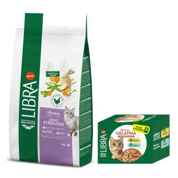 12kg Libra Adult Sterilized csirke száraz macskatáptáp+12x85g Libra baromfiválogatás aszpikban csirke & pulyka nedves macskatáp ingyen kép