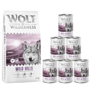 12kg Wolf of Wilderness száraz kutyatáp + 6x400g nedves kutyatáp - Adult Wild Hills - kacsa (új recept) kép