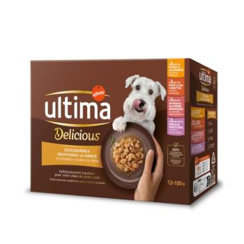 12x100g Ultima Delicious falatok szószban mix (csirke, marha, lazac, pulyka) nedves kutyatáp kép