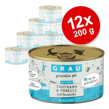 12x200g GRAU Kitten gabonamentes nedves macskaeledel- Vegyes csomag: 6 x pulyka & pisztráng + 6 x marha, pulyka & burgonya kép