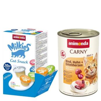 12x400g animonda marha, csirke & kacsaszív nedves macskatáp+20x15g Milkies snack kép