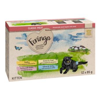 12x85g Feringa Classic Meat Menü Kitten tasakos nedves macskatáp Mix 2: szárnyas, pulyka & nyúl, csirke & pisztráng, lazac & pisztráng kép