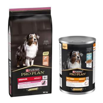 16kg PURINA PRO PLAN Adult Sensitive Skin száraz kutyatáp+12x400g hal nedvestáp ingyen
