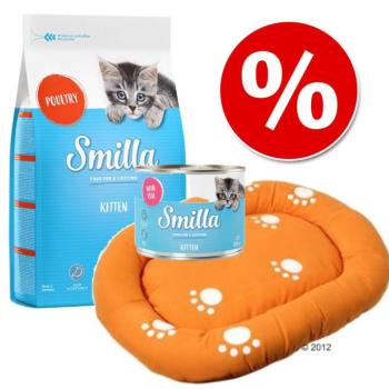 1kg Smilla Kitten kacsa száraz macskatáp+6x200g szárnyas & csirke nedvestáp+Smilla ágy kép