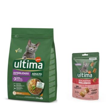 2,5 kg Ultima Adult Sterilised csirke száraz macskatáp+60g Ultima töltött falatkák marhával kutyasnack ingyen kép