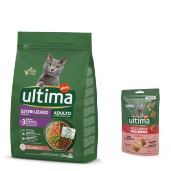 2,5 kg Ultima Adult Sterilised lazac száraz macskatáp+60g Ultima töltött falatkák marhával kutyasnack ingyen kép