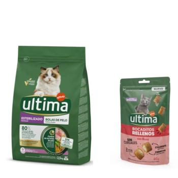 2,5 kg Ultima Sterilised Hairball pulyka száraz macskatáp+60g Ultima töltött falatkák marhával kutyasnack ingyen kép