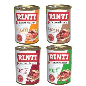 24x400g RINTI ínyenceknek nedves kutyatáp mix: bárány, csirke, kacsa, vad kép