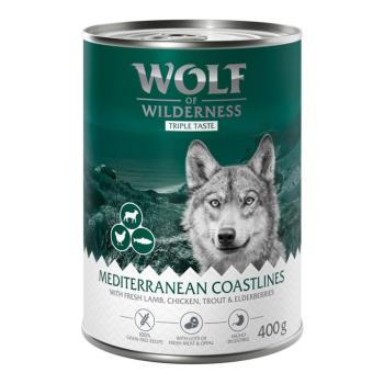 24x400g Wolf of Wilderness Adult 'Triple Taste' Mediterranean - bárány, csirke, pisztráng nedves kutyatáp kép