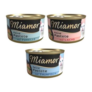 24x85g Miamor pástétom nedves macskatáp szárnyas vegyes csomag: 12x lazac, 6x tonhal, 6x pisztráng kép