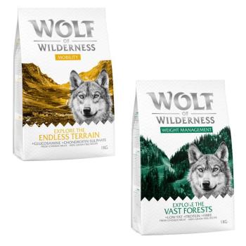 2x1kg Wolf of Wilderness - vegyes próbacsomag száraz kutyatáp - "Explore"-mix: Mobility + Weight Management kép