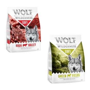 2x1kg Wolf of Wilderness - vegyes próbacsomag száraz kutyatáp - 'Soft - Green Fields' - bárány & 'Soft - High Valley' - marha kép