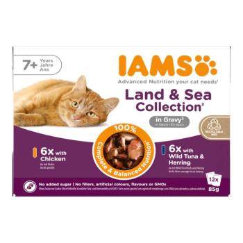 48x85 g IAMS Advanced Nutrition Senior Land & Sea mix szószban nedves macskatáp 36+12 ingyen kép