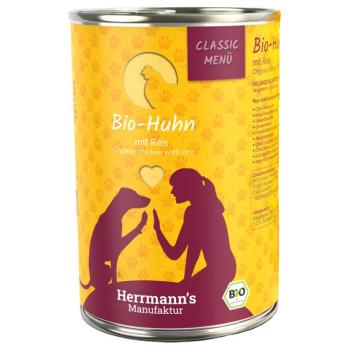 6x400g Hermann's Classic Menü bio csirke & bio rizs nedves kutyatáp kép