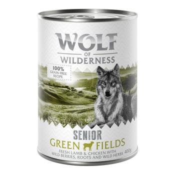 6x400g Wolf of Wilderness Senior 6 / 24 x 400 g - Duo-Protein Recept nedves kutyatáp - Green Fields - bárány & csirke kép