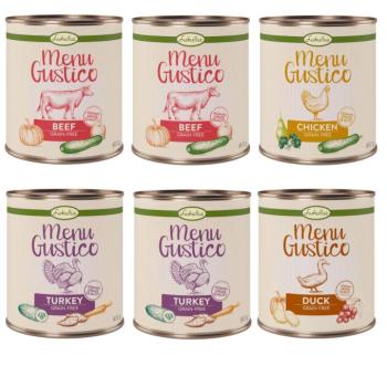 6x800g Lukullus "Menu Gustico" nedves konzerv kutyatáp vegyes próbacsomag 4 fajtával: 2x pulyka, 2x marha, 1 csirke, 1x kacsa kép