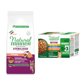 10kg Natural Trainer Sterilised lazac száraz macskatáp + 12x85 g Adult csíkok szószban nedves macskatáp ingyen kép