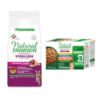 10kg Natural Trainer Sterilised nyers sonka száraz macskatáp + 12x85 g Adult csíkok szószban nedves macskatáp ingyen kép