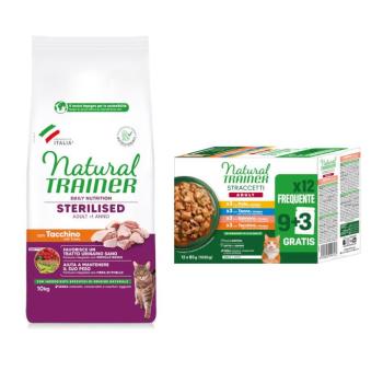 10kg Natural Trainer Sterilised pulyka száraz macskatáp + 12x85 g Adult csíkok szószban nedves macskatáp ingyen kép