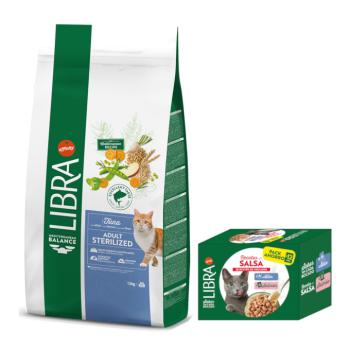 12kg Libra Cat Sterilized tonhal száraz macskatáptáp+12x85g Libra halválogatás szószban, lazac & tonhal nedves macskatáp ingyen kép