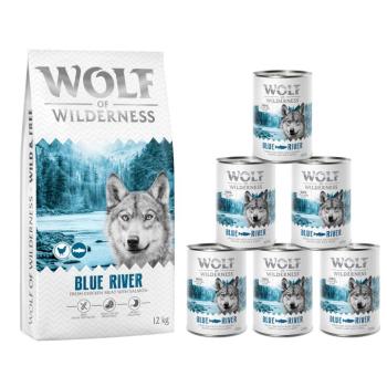 12kg Wolf of Wilderness száraz kutyatáp + 6x400g nedves kutyatáp - Adult Blue River - lazac (új recept) kép