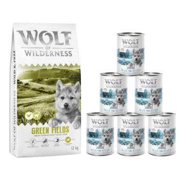 12kg Wolf of Wilderness száraz kutyatáp + 6x400g nedves kutyatáp - Junior Mix - bárány, lazac (új recept) kép