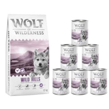 12kg Wolf of Wilderness száraz kutyatáp + 6x400g nedves kutyatáp - Junior Wild Hills - kacsa (új recept) kép