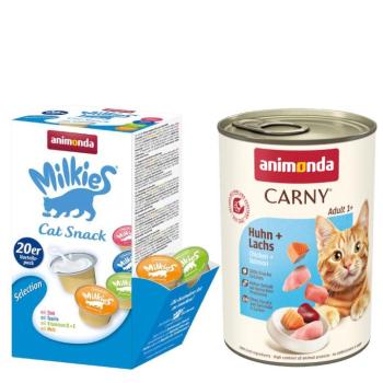 12x400g animonda csirke & lazac nedves macskatáp+20x15g Milkies snack kép