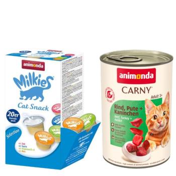 12x400g animonda marha, pulyka & nyúl nedves macskatáp+20x15g Milkies snack kép