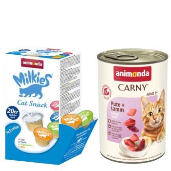 12x400g animonda pulyka & bárány nedves macskatáp+20x15g Milkies snack kép