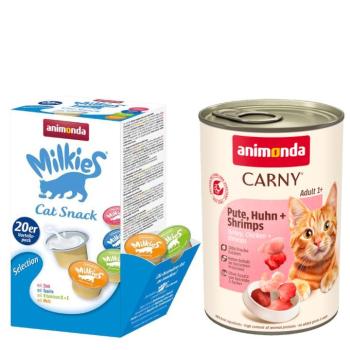 12x400g animonda pulyka, csirke & garnéla nedves macskatáp+20x15g Milkies snack kép