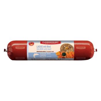 12x800g Fleischeslust Classic Lazac, marha, sárgarépa, sütőtök & spirulina kutyakolbász, nedves kutyatáp kép