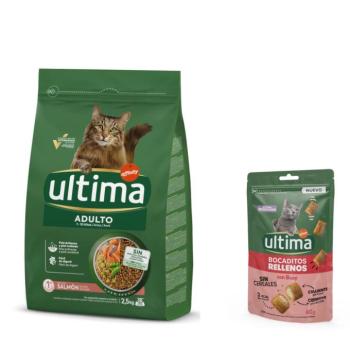 2,5 kg Ultima Adult lazac száraz macskatáp+60g Ultima töltött falatkák marhával kutyasnack ingyen kép